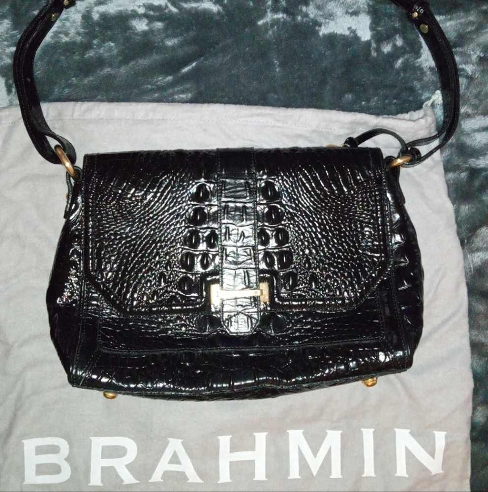 Brahmin Glossy Black Embossed Shoulder Bag
